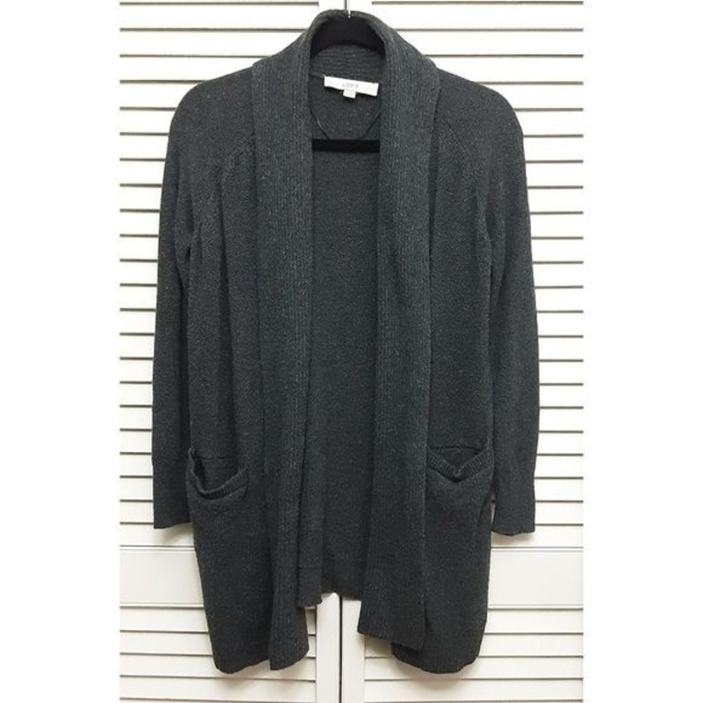 Loft Shawl Collar Dark Gray Open Cardigan w/ Pockets XXS